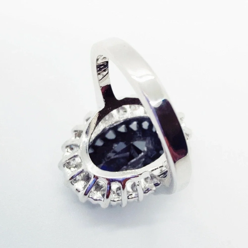 Oval Cut Black Gem CZ Halo Silver Tone Size 9 Statement Womens Cocktail‎ Ring